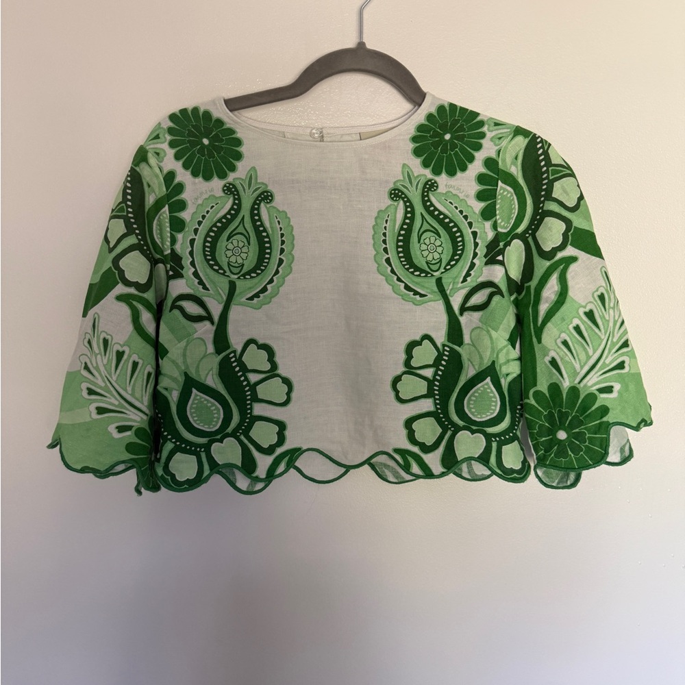 Farm Rio Green Floral Festival Top 100% Linen